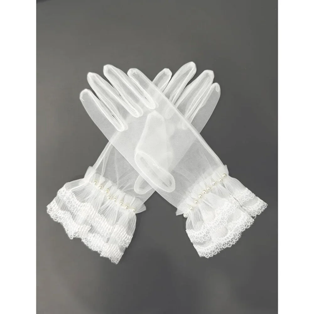 Women's Lvory-3 Short Pearls Lace Border Mesh Gloves Wedding Formal Party Prom
